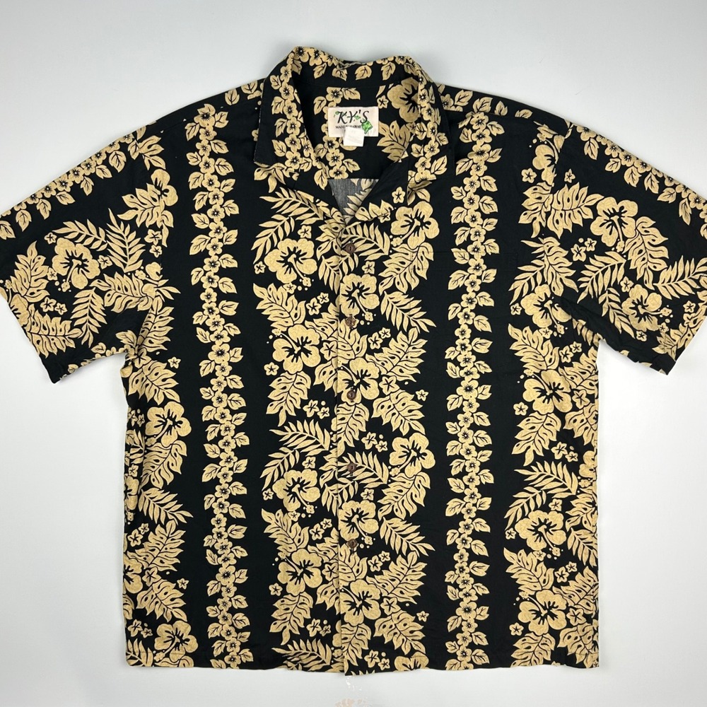 KY's Hawaii Mens XL Black Tan Hibiscus Floral Cotton Aloha Camp Shirt Made USA